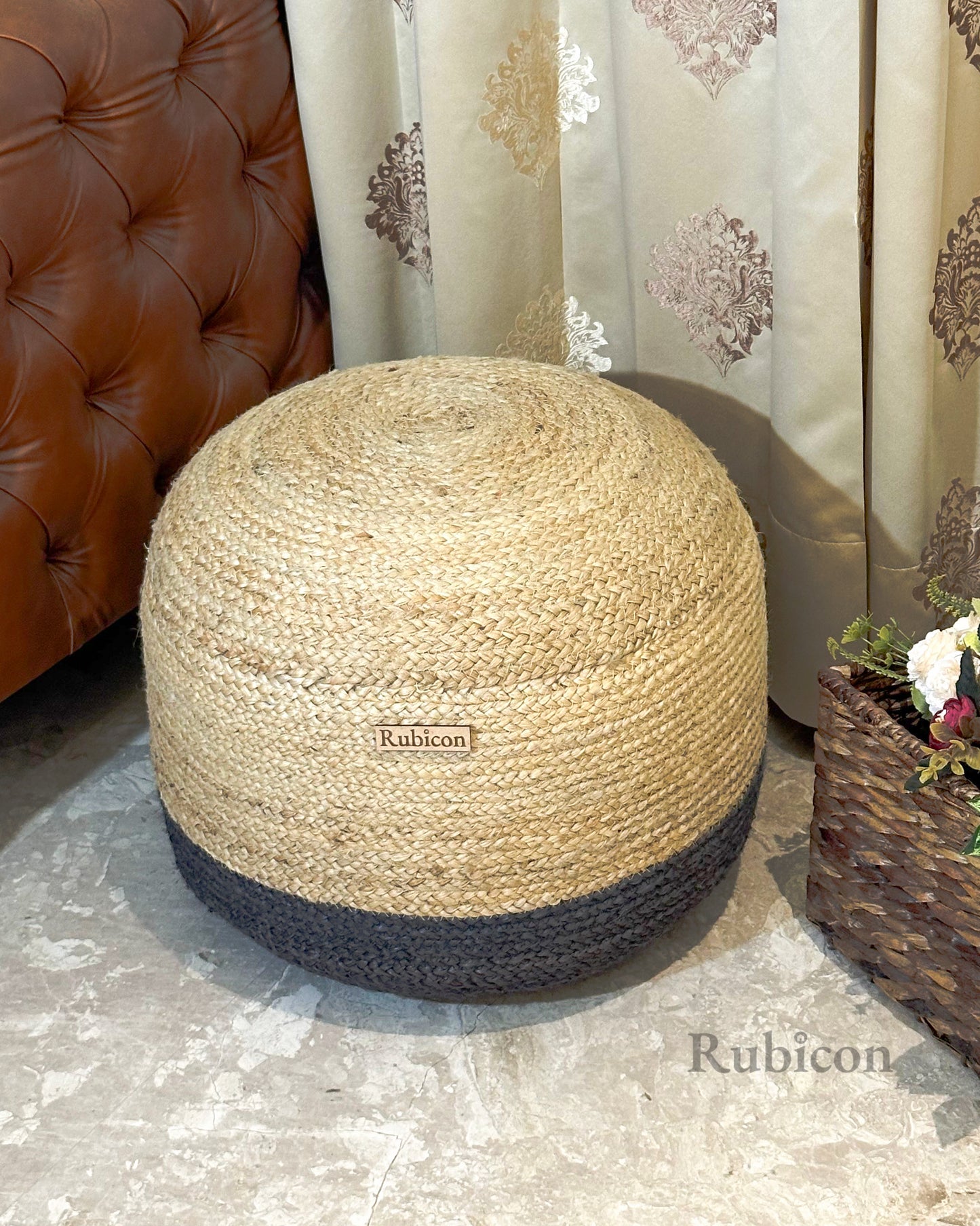 Natural Jute Pouf with Black Accent