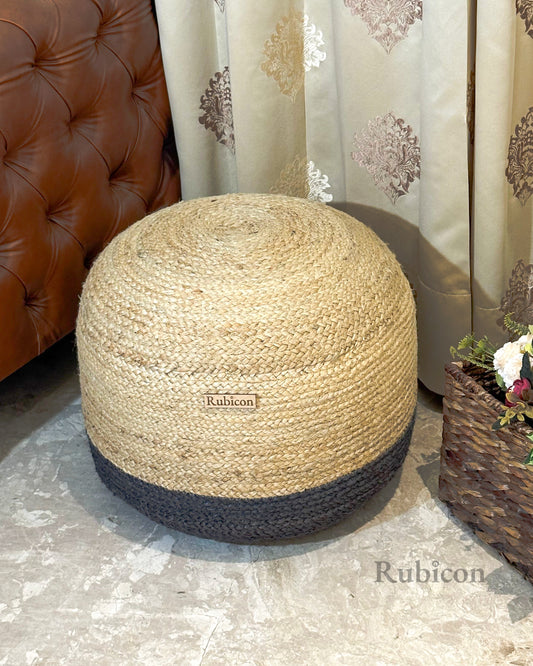 Natural Jute Pouf with Black Accent